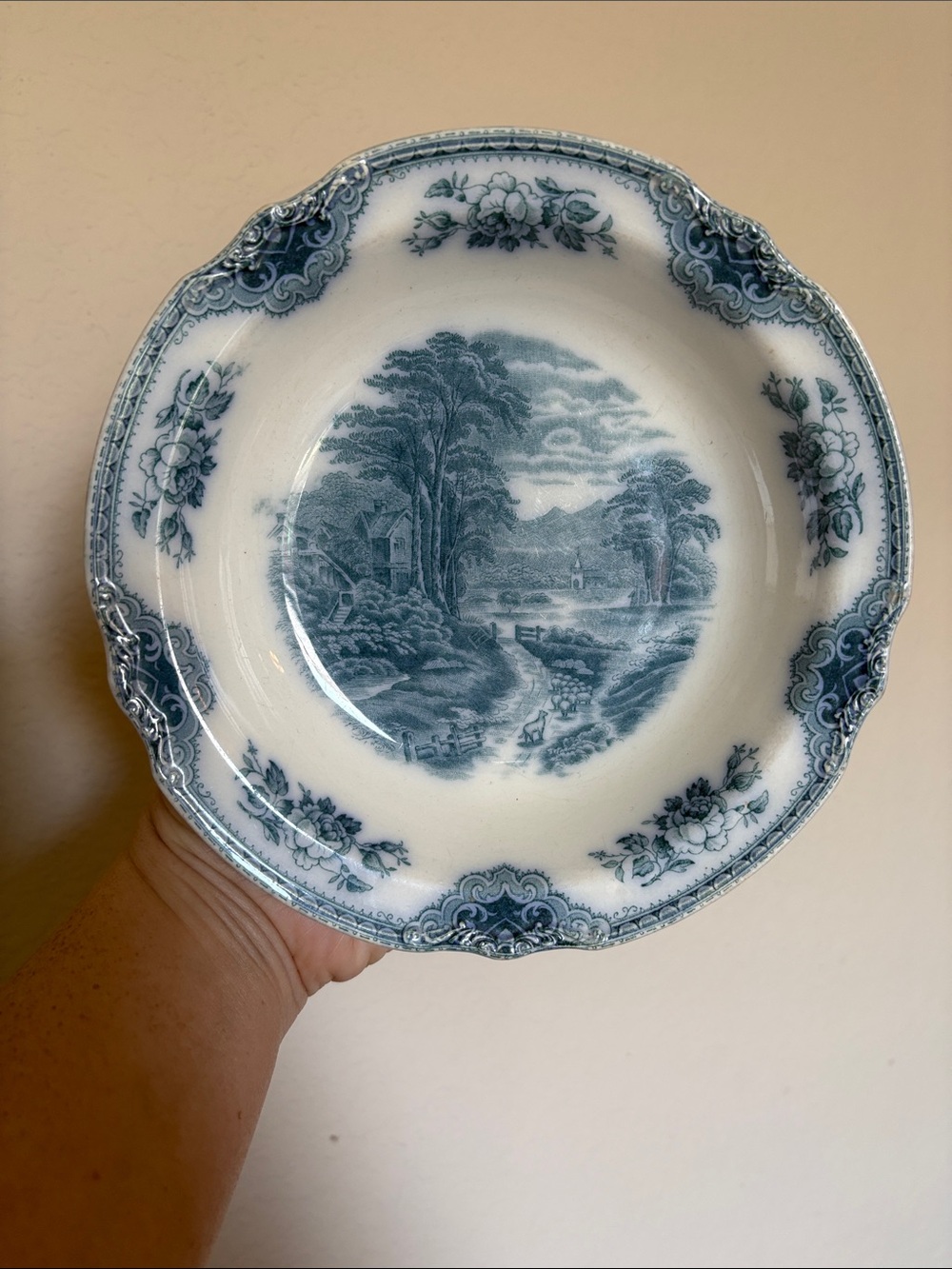 Vintage J&G Meakin Flow Teal Transferware Bowl in The Sandown Pattern